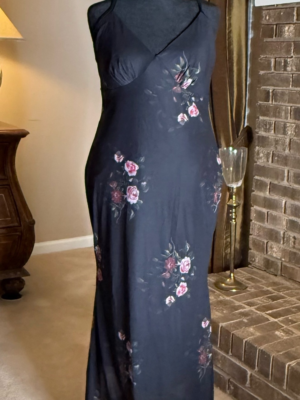 Cider Black Maxi Slip Dress with Pink Rose Print